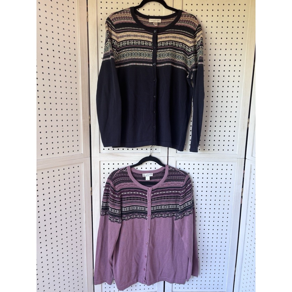 LOT/2 Christopher & Banks Lg. Button Cardigan Sweaters Pink / Navy Fair Isle
